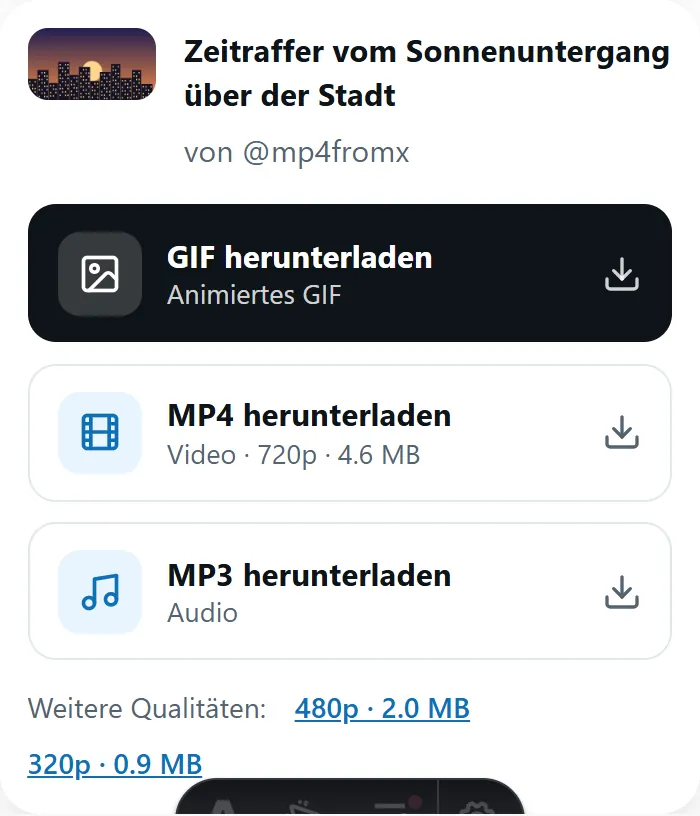 MP4fromX-Ergebnis mit den Buttons MP4, GIF und MP3 herunterladen