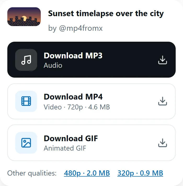 MP4fromX result with Download MP4, GIF and MP3 buttons