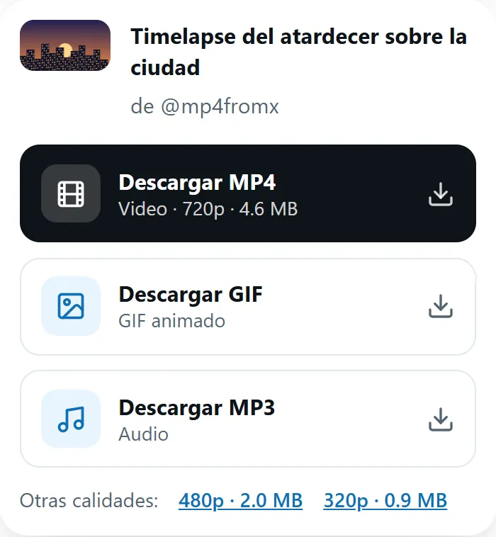 Resultado de MP4fromX con los botones Descargar MP4, GIF y MP3