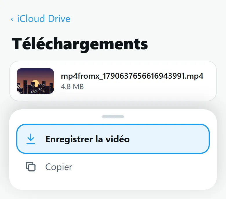 App Fichiers sur iPhone : dossier Téléchargements avec Enregistrer la vidéo en évidence