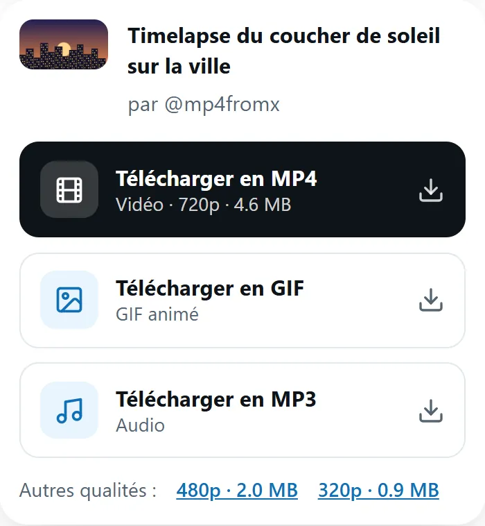 Résultat MP4fromX avec les boutons Télécharger en MP4, GIF et MP3