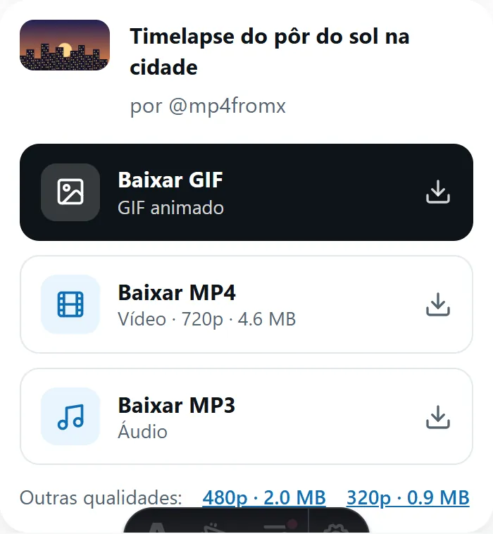 Resultado do MP4fromX com os botões Baixar MP4, GIF e MP3