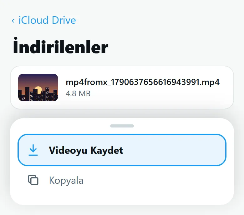 iPhone’da Dosyalar uygulaması: İndirilenler klasörü, Videoyu Kaydet vurgulanmış
