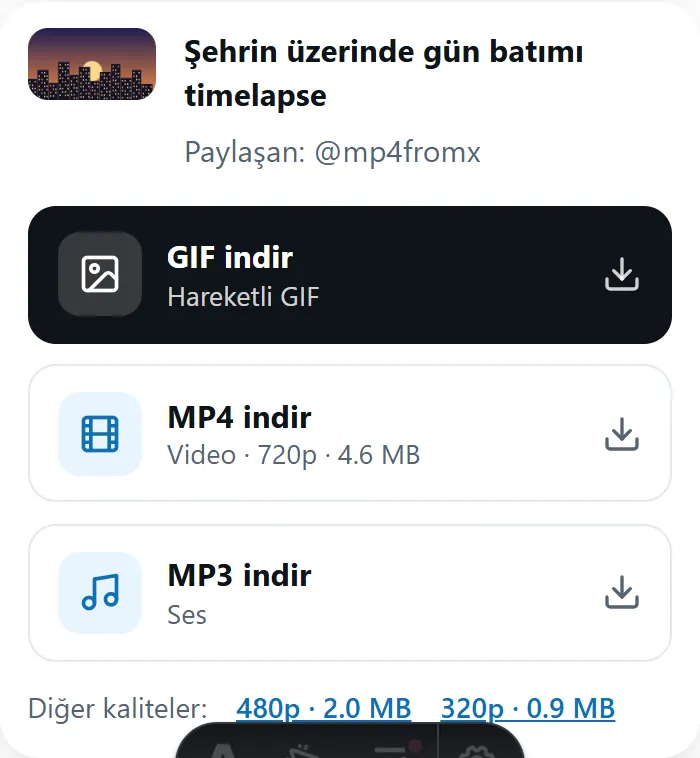 MP4 indir, GIF indir ve MP3 indir düğmeleriyle MP4fromX sonucu