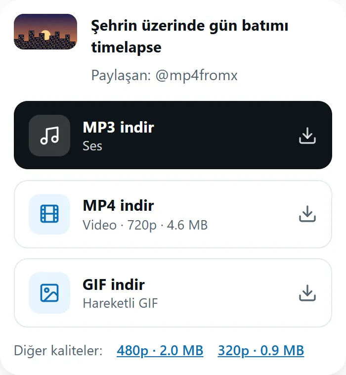 MP4 indir, GIF indir ve MP3 indir düğmeleriyle MP4fromX sonucu