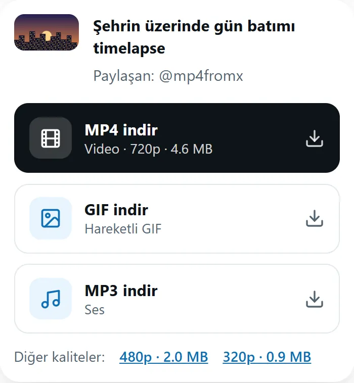 MP4 indir, GIF indir ve MP3 indir düğmeleriyle MP4fromX sonucu